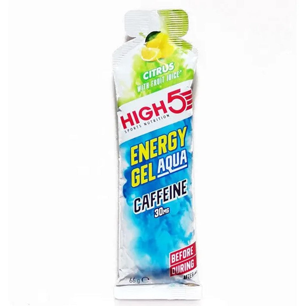 High5 Energy Gel Aqua with caffeine in a small, portable packet, designed for quick energy boost during athletic activities.