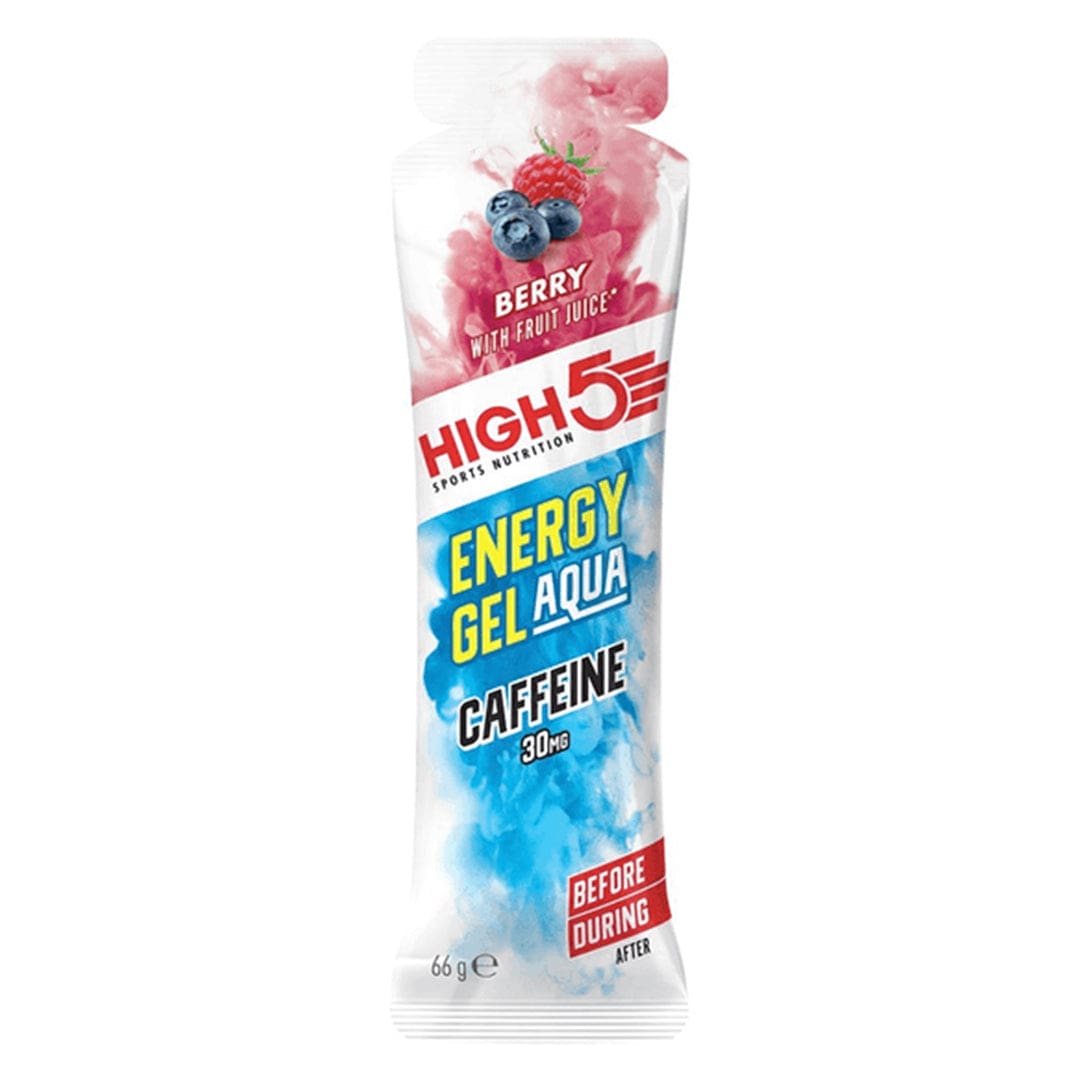 High5 Energy Gel Aqua with caffeine, a portable sports gel in a sealed packet, designed for quick energy boost during exercise.