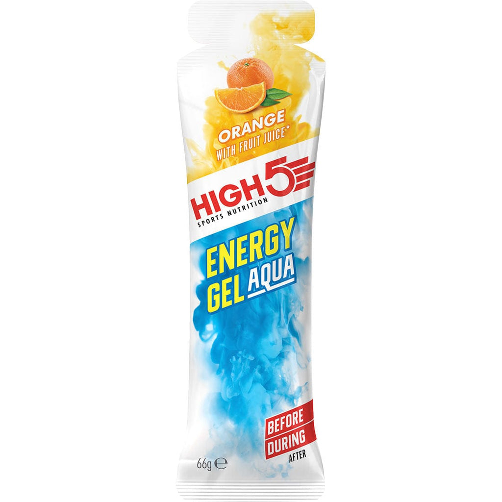 High5 Energy Gel Aqua in a sachet, showing the transparent gel with blue branding, designed for quick energy during exercise.