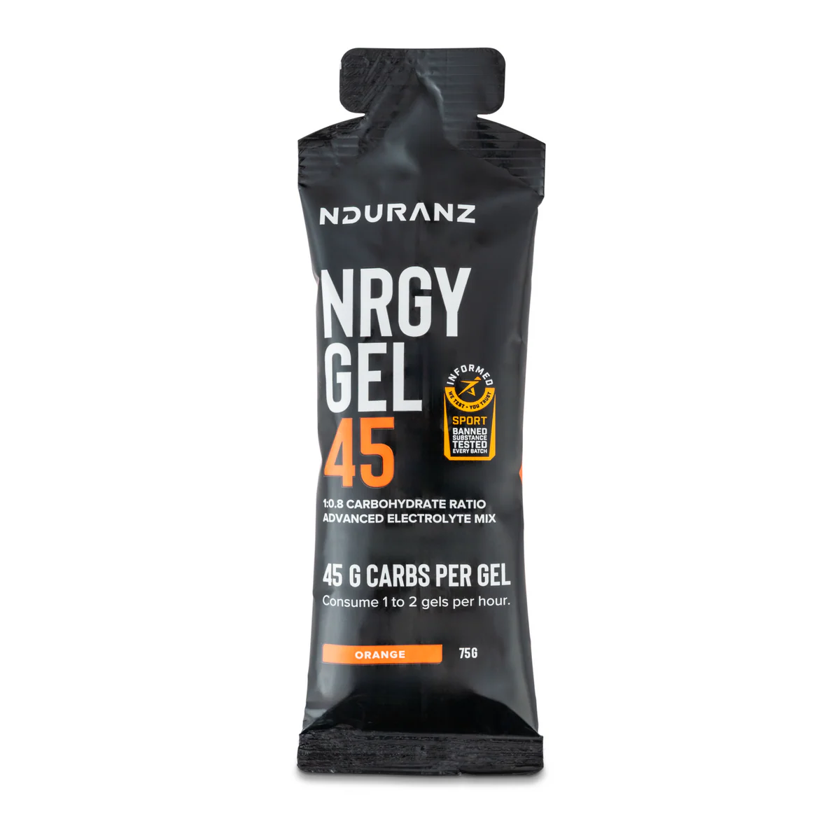 Nduranz Energy Gel 45 in a small, portable packet with a twist-off cap, designed for quick energy boost during physical activity.