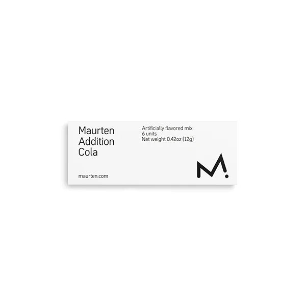 Box of Maurten Addition cola sports nutrition energy gels, 6 packs of 2g each, for athletic performance and energy support.