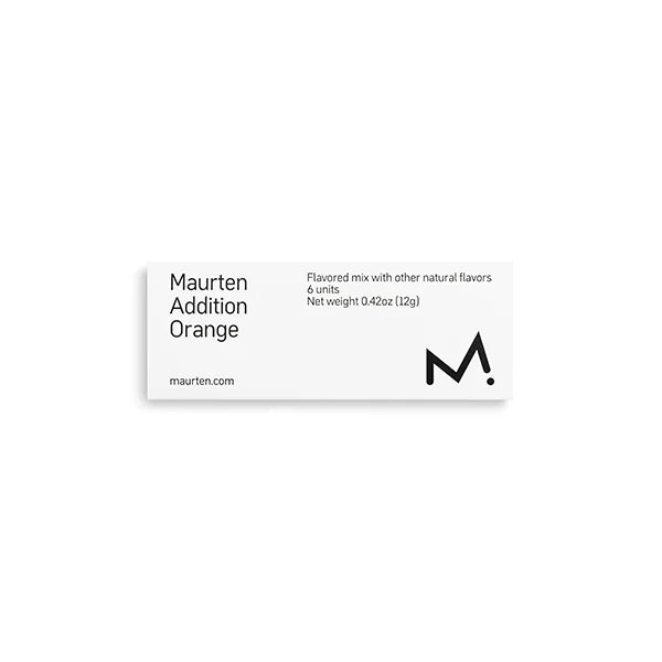 Maurten Addition sports nutrition energy gel box with orange packaging, containing six 2g gel sachets for athletic performance.