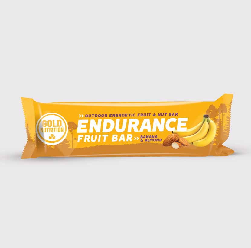 GoldNutrition Endurance Fruit Bar showing fresh fruit and nuts, a healthy vitamin and supplement snack for athletes and active individuals.