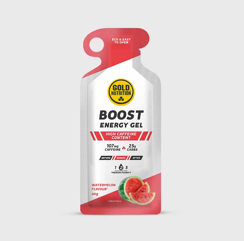 GoldNutrition BOOST PLUS Energy Gel in a squeeze packet, showing vibrant packaging for vitamins and supplements.