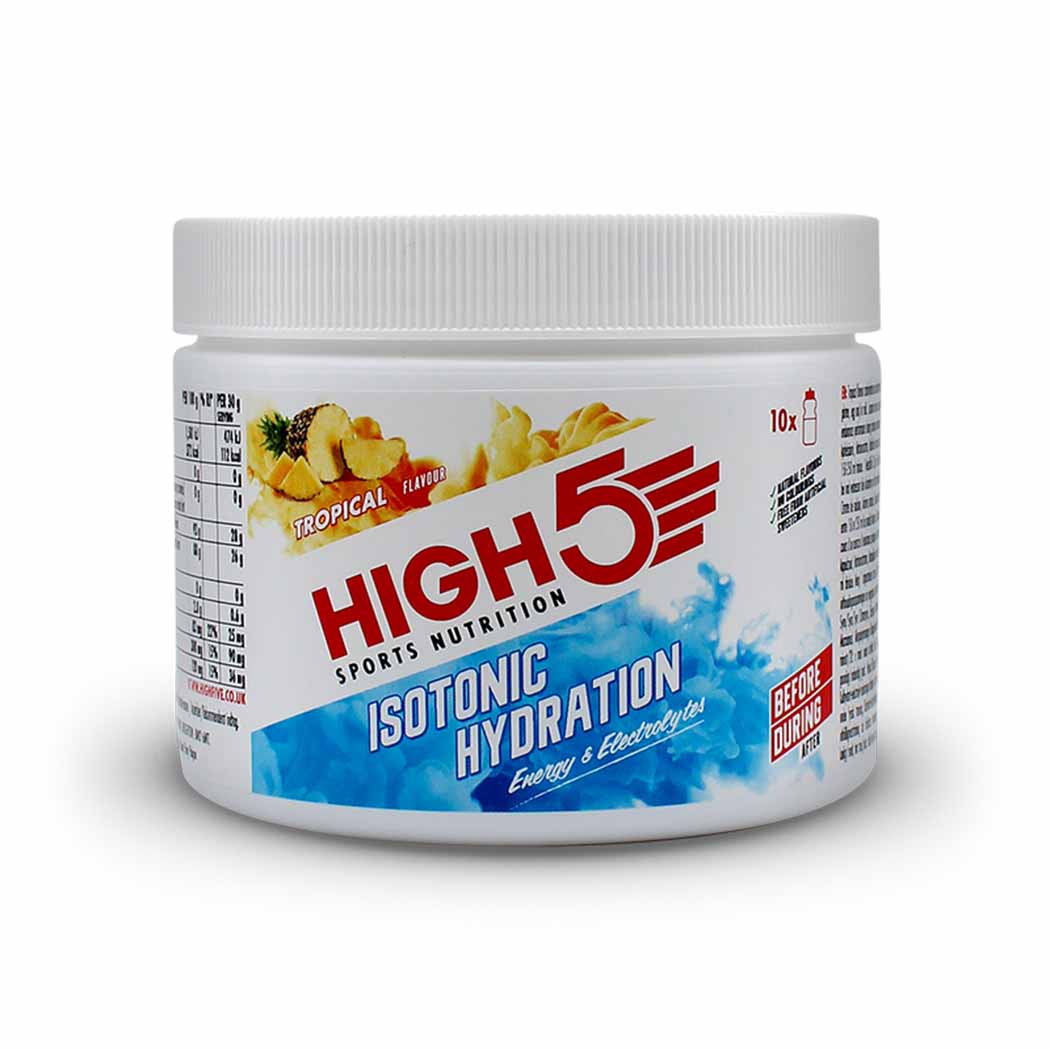 High5 isotonic hydration drink bottle showing the colorful label and cap, designed for quick electrolyte replenishment.