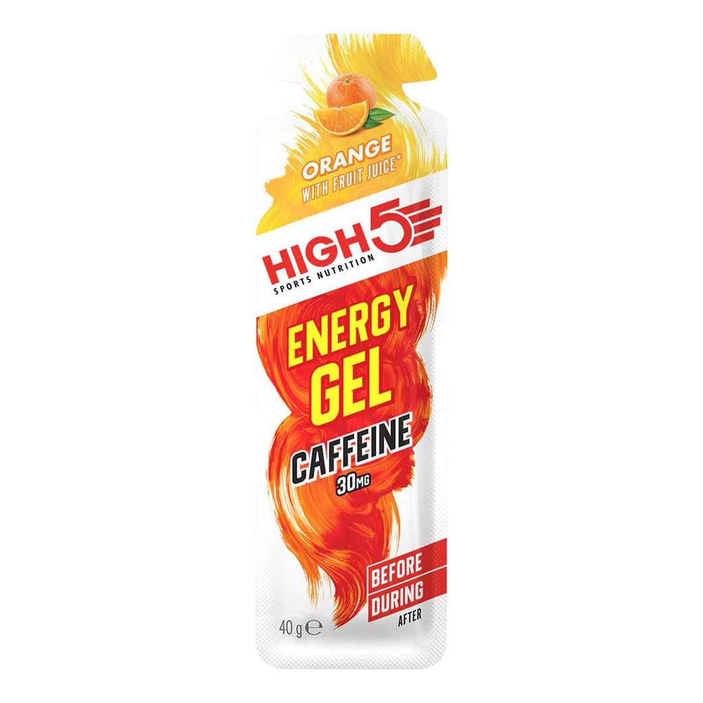 High5 energy gel with caffeine in a small, portable packet designed for quick energy boost during exercise.