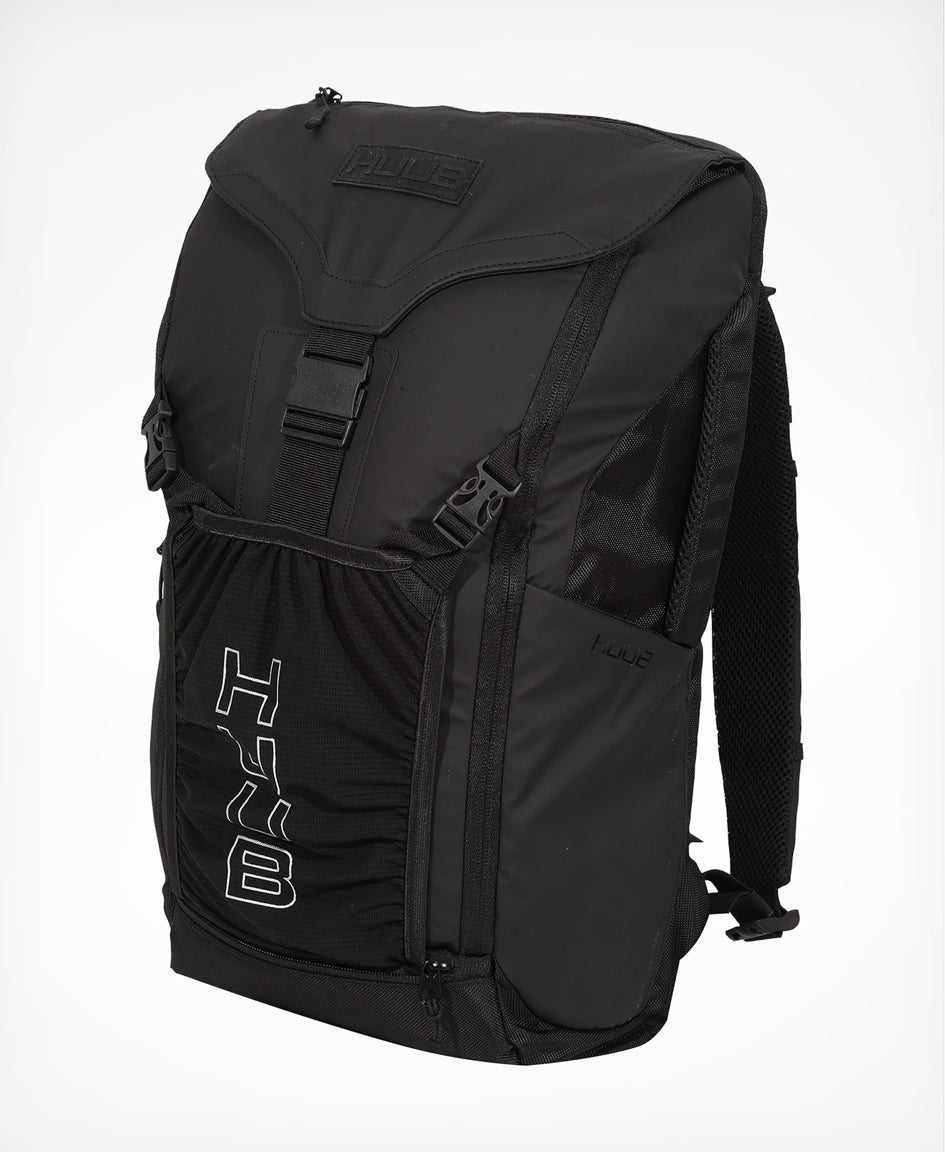 HUUB Travel Backpack – 24L commuter laptop bag, waterproof, helmet net, large clam opening, side handles