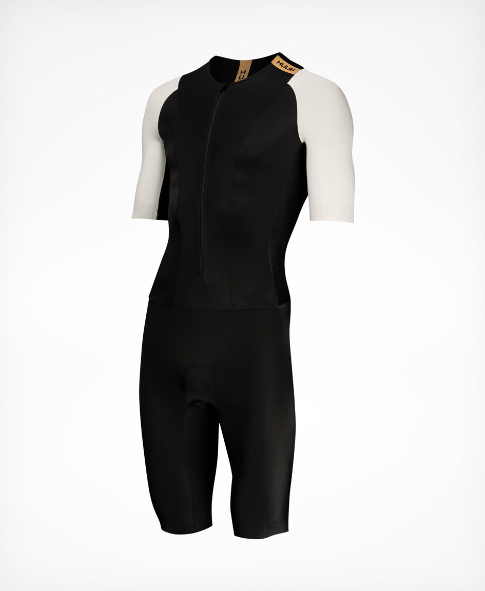 HUUB TC Performance Tri Suit Men’s – Fluo Yellow, Black White, long sleeve, mesh, 3D pad, rear pockets
